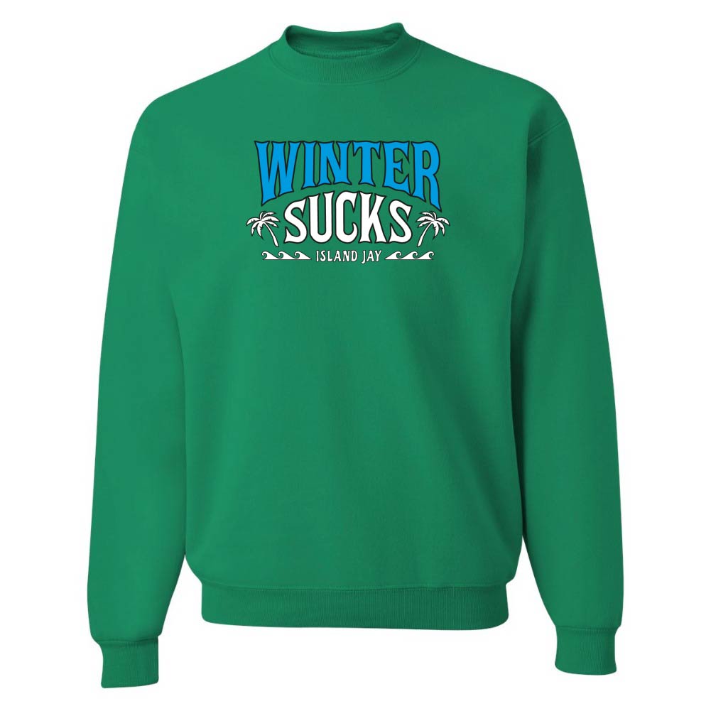 Green sweatshirt with 'Winter Sucks' text on a white background