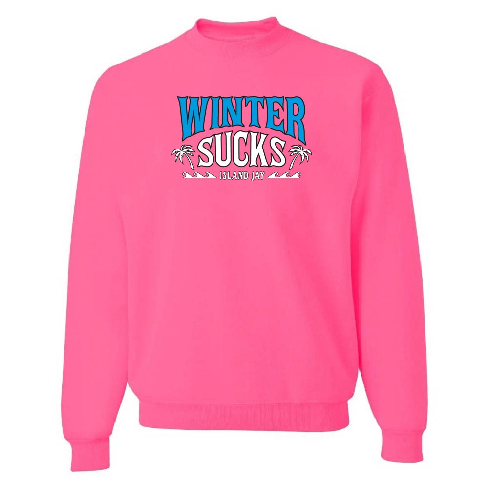 Pink sweatshirt with 'Winter Sucks' text and palm tree graphics on a white background