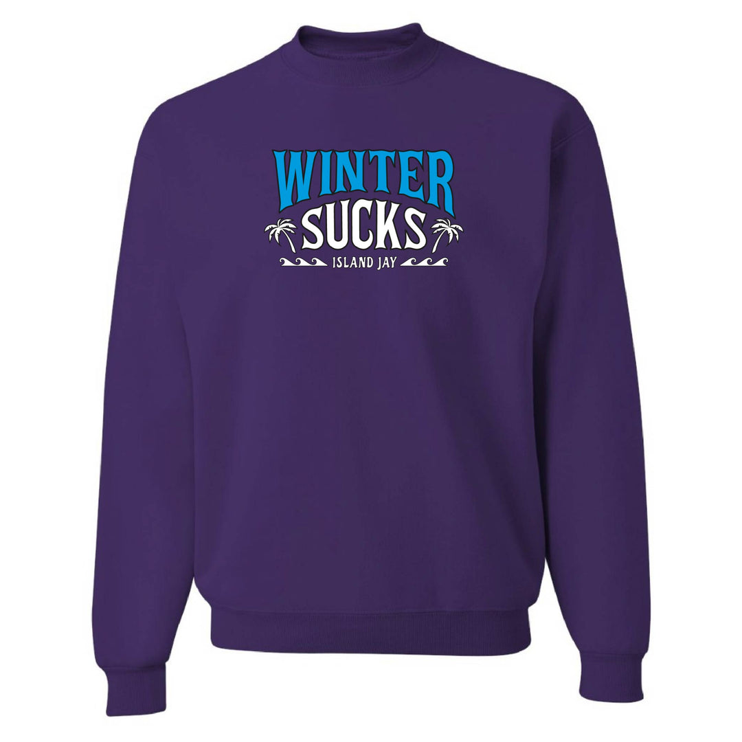 Purple sweatshirt with 'Winter Sucks' text on a white background