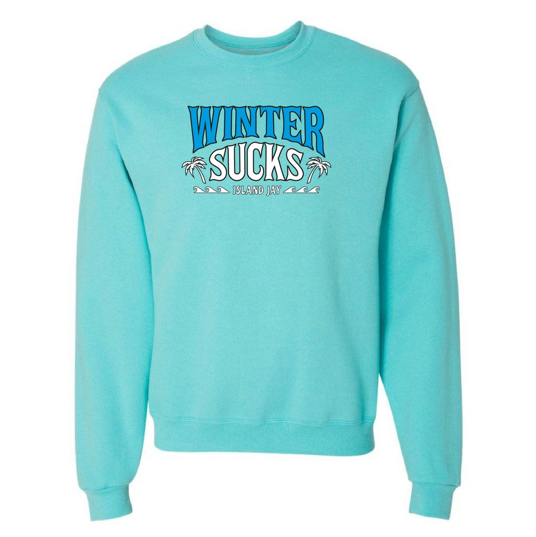 Turquoise sweatshirt with 'Winter Sucks' text on a white background