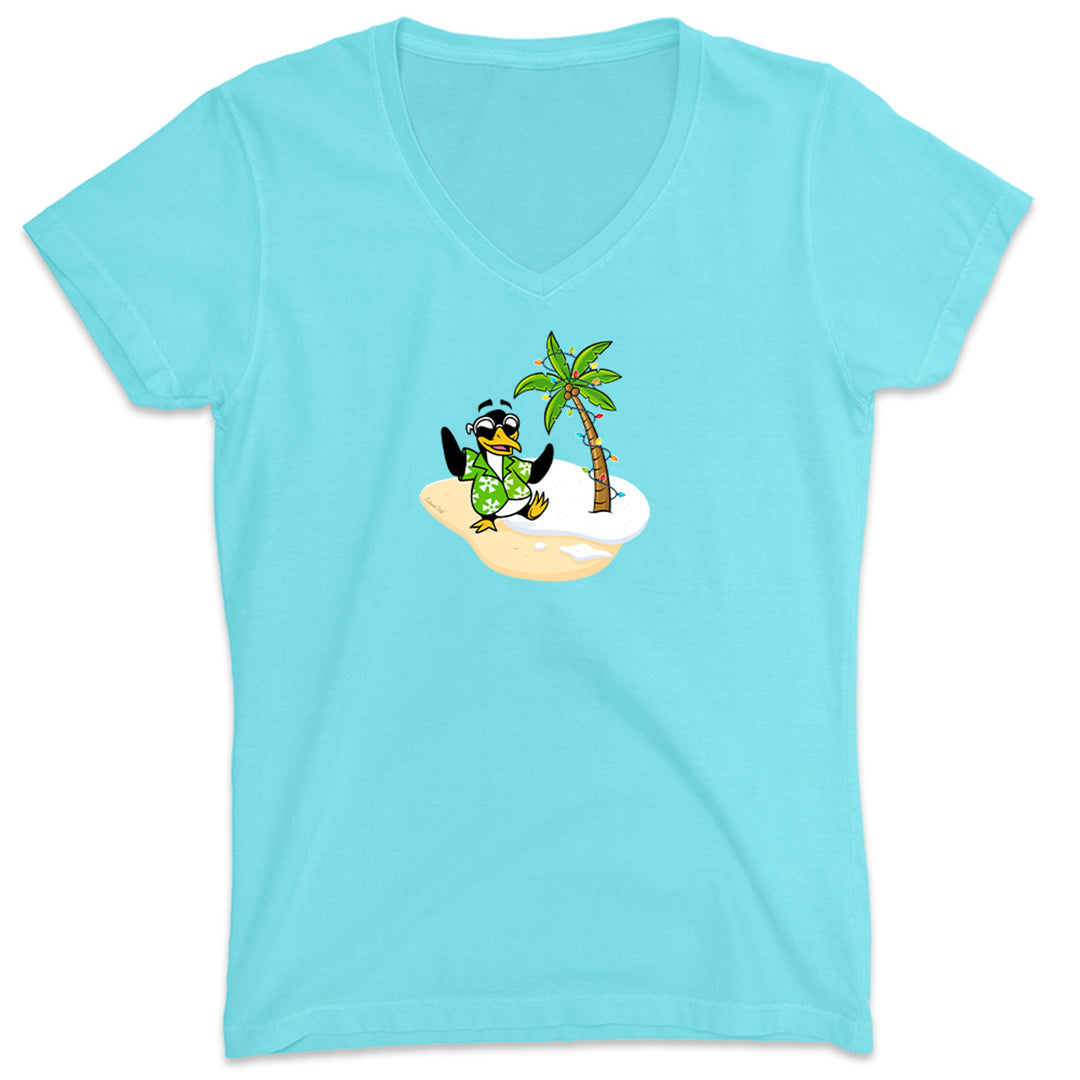 Womens V-Neck T-Shirt Tux's Beach Day Holiday T-Shirt Aqua