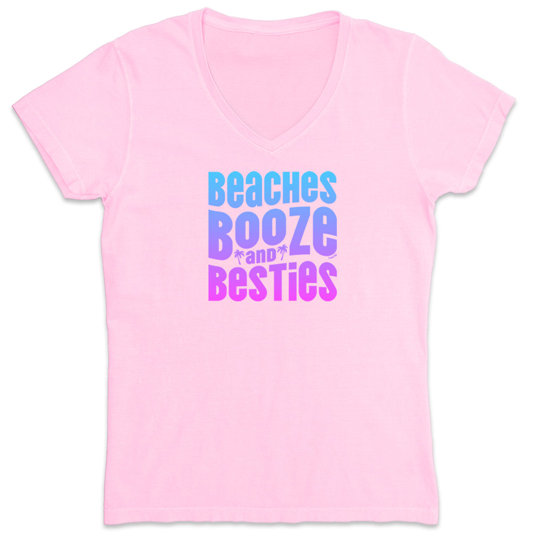 Women's Beaches Booze and Besties faded graphic tee. Featuring a faded colorful designs that pops. Light Pink