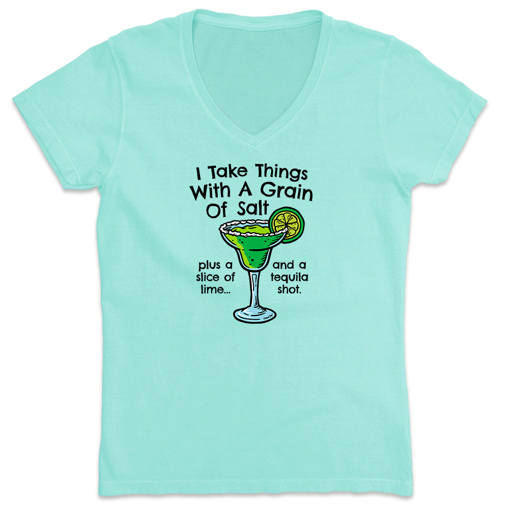 Women's I Take Things With A Grain of Salt V-Neck Margarita T-Shirt Chill Green