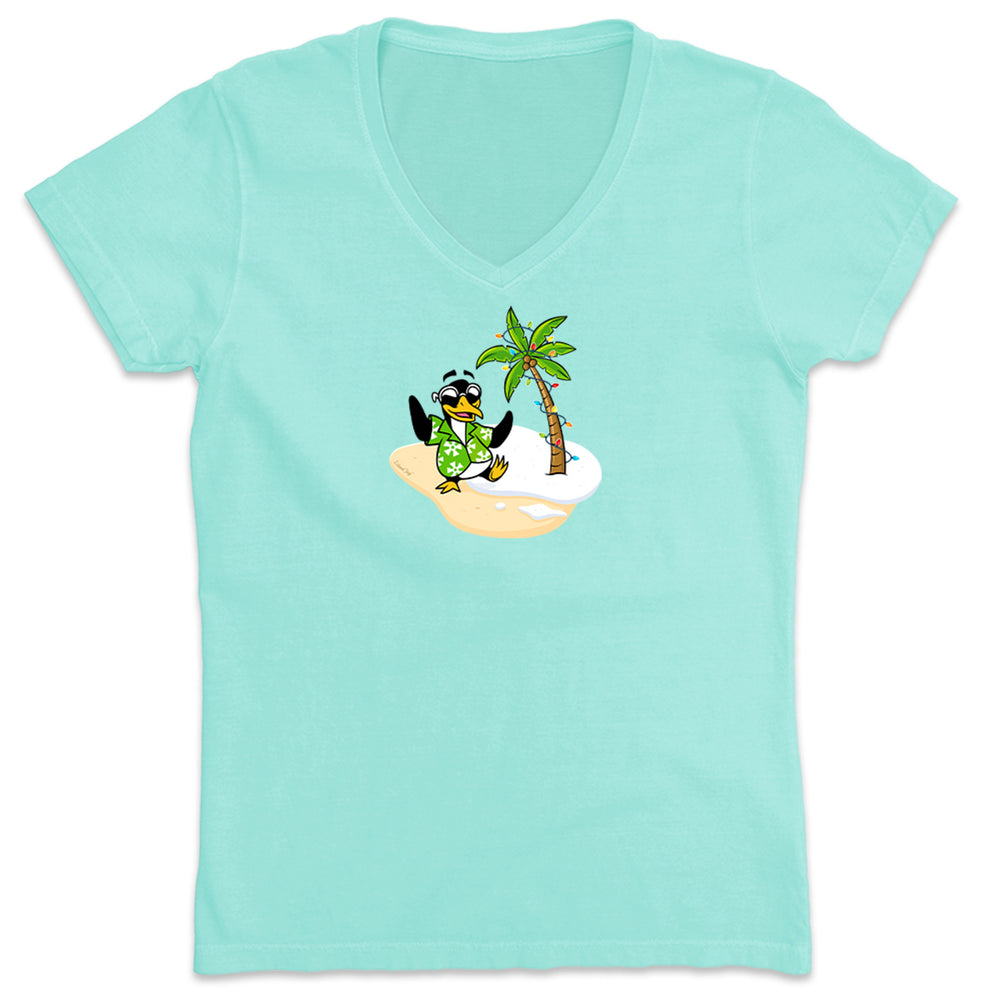 Womens V-Neck T-Shirt Tux's Beach Day Holiday T-Shirt Chill
