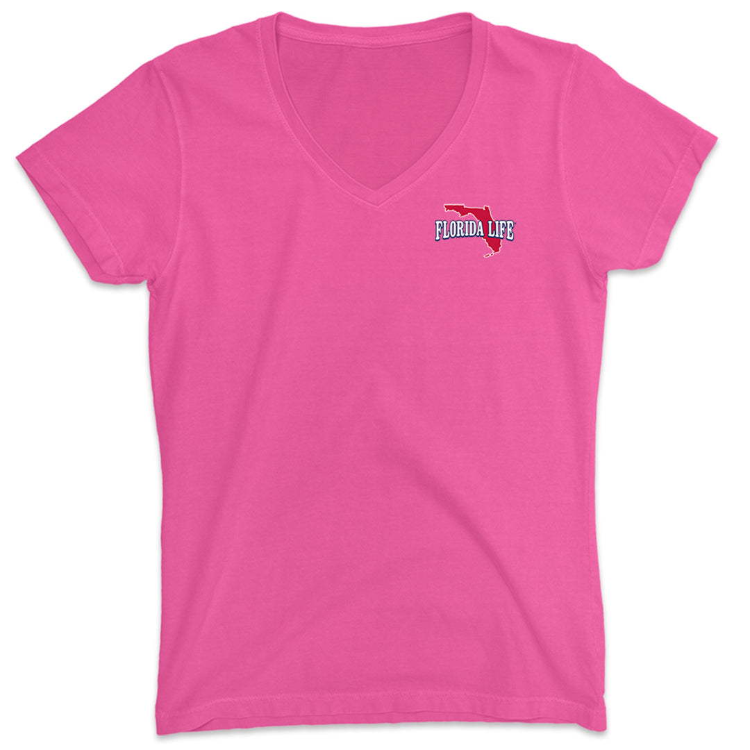 Women's Key Largo Florida State Flag V-Neck T-Shirt Hot Pink Front with Florida Life Logo