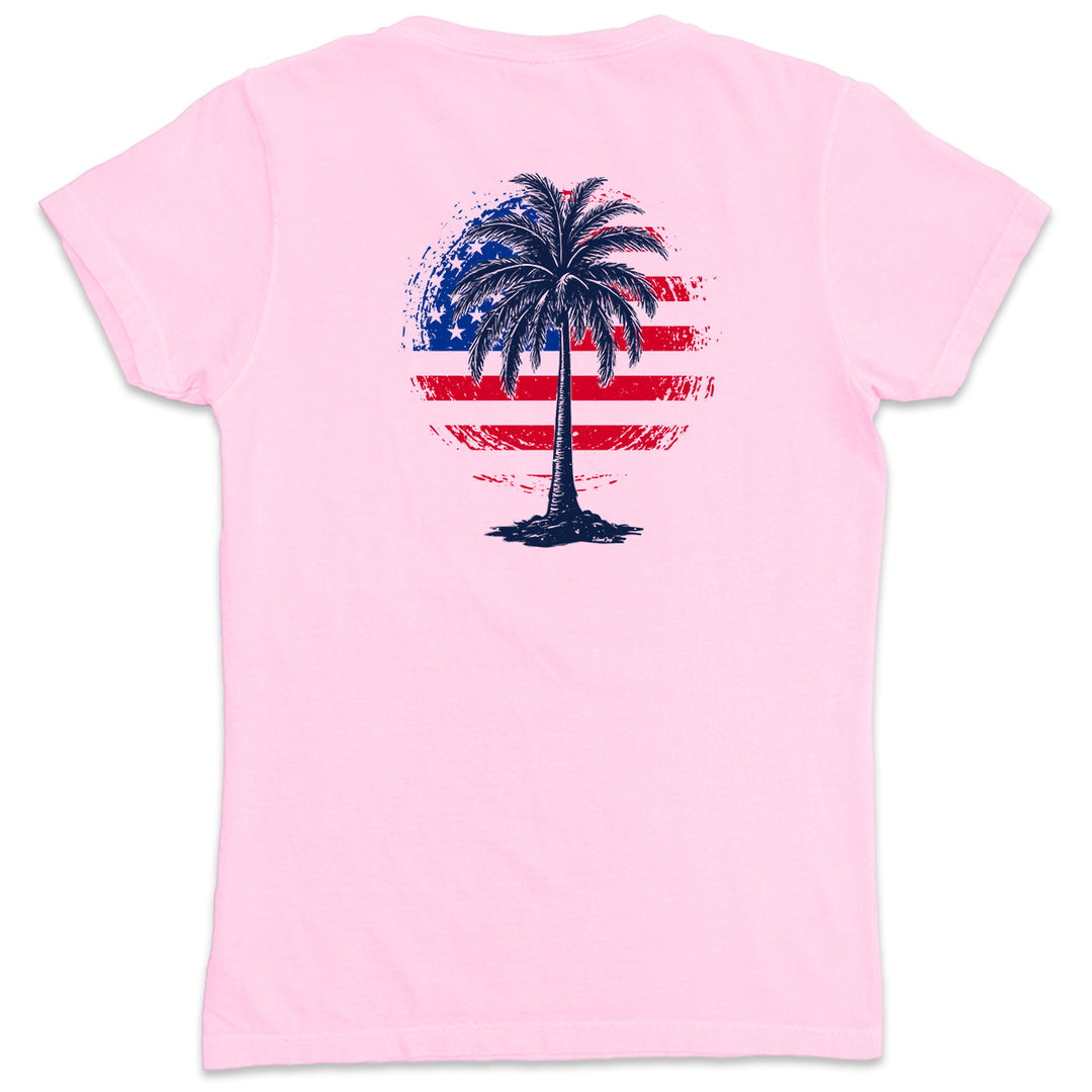 Women's Freedom Shores Palm Tree V-Neck T-Shirt Light Pink