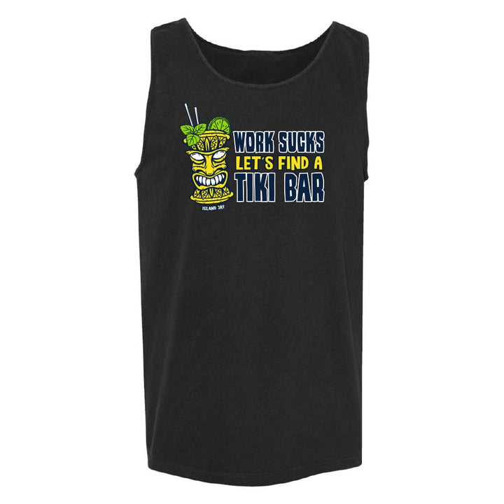 Black tank top with tiki mug graphic and text reading "Work Sucks, Let's Find A Tiki Bar".