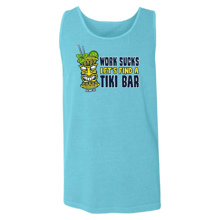 Blue tank top with tiki mug graphic and text reading "Work Sucks, Let's Find A Tiki Bar".