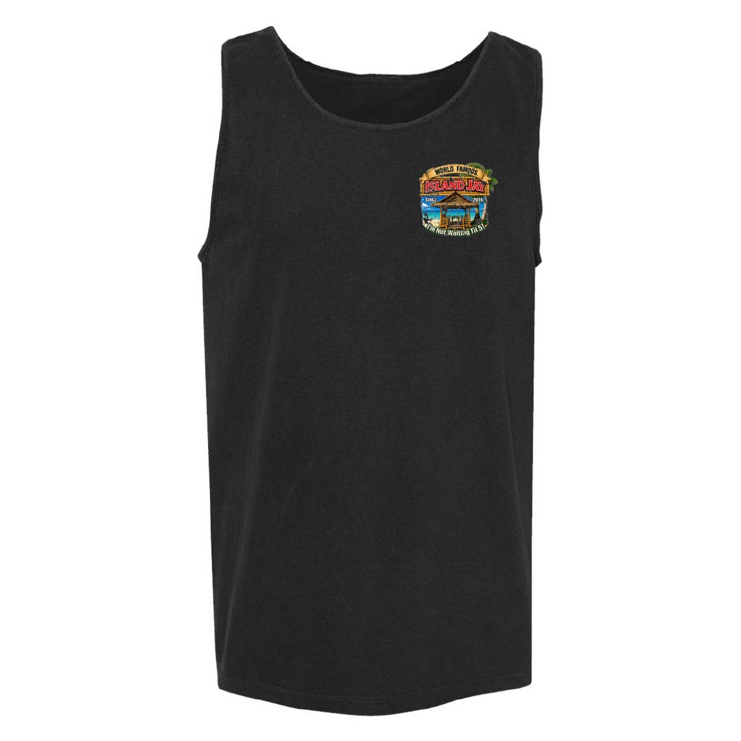 A black sleeveless tank top with a small multicolor graphic on the left chest, displayed against a plain white background.