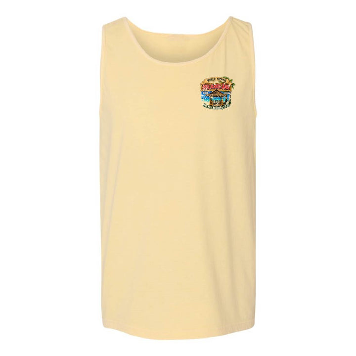 A pale yellow sleeveless tank top with a small multicolor graphic on the left chest, displayed against a plain white background.