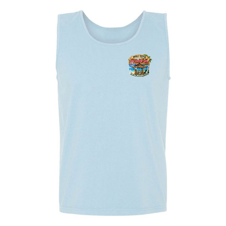 A light blue sleeveless tank top with a small multicolor graphic print on the left chest, displayed against a solid white background.
