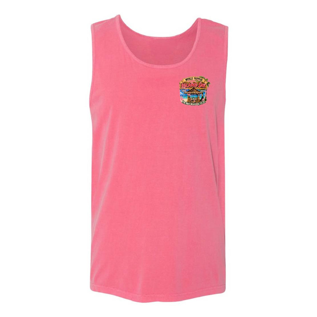 A pink sleeveless tank top with a small multicolor graphic on the left chest, displayed against a plain white background.