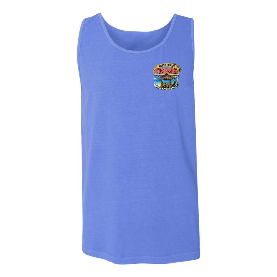 A heathered periwinkle blue sleeveless tank top with a small colorful graphic on the left chest, displayed against a solid white background.