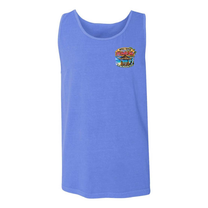 A heathered periwinkle blue sleeveless tank top with a small colorful graphic on the left chest, displayed against a solid white background.