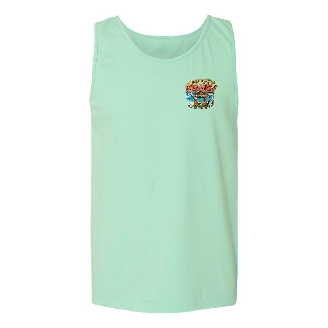 A mint green sleeveless tank top with a small multicolor graphic on the left chest, displayed against a plain white background.