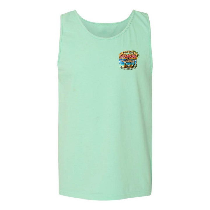 A mint green sleeveless tank top with a small multicolor graphic on the left chest, displayed against a plain white background.