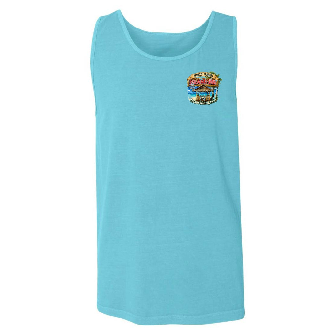 A light blue sleeveless tank top with a small multicolor graphic on the left chest, displayed against a plain white background.