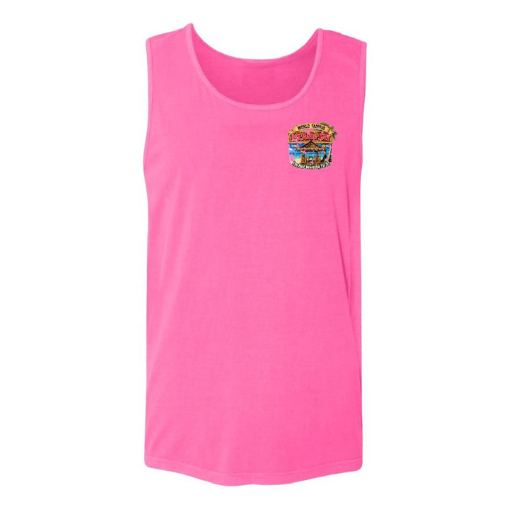 A bright pink sleeveless tank top with a small multicolor graphic printed on the left chest, displayed on a solid white background.