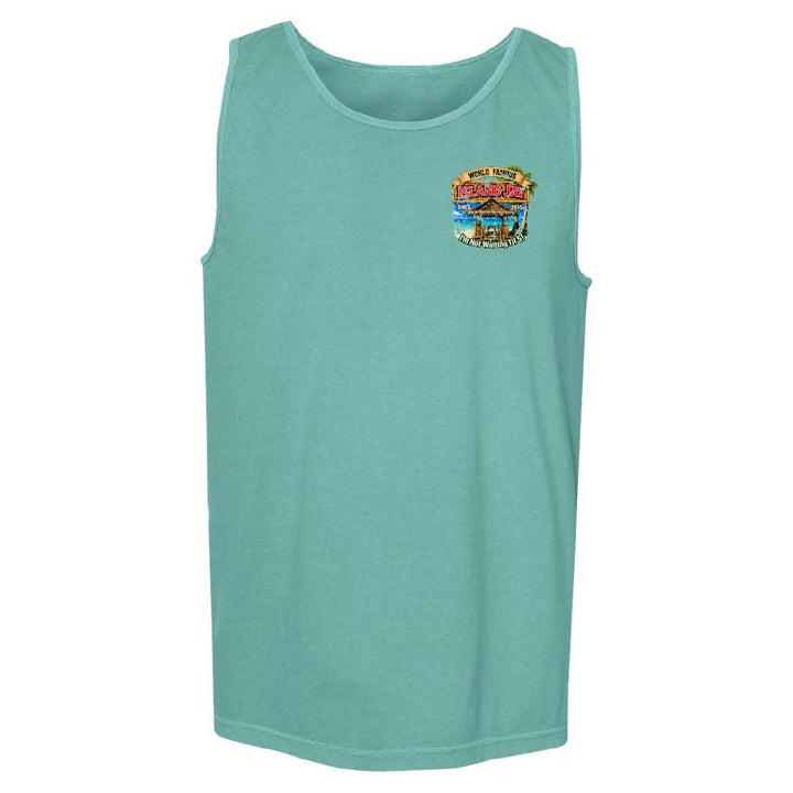 A sleeveless tank top in a heathered mint green color, featuring a colorful graphic print on the left chest depicting a tropical beach scene with the text 'Tropical Paradise'. The tank top is displayed flat against a solid white background.