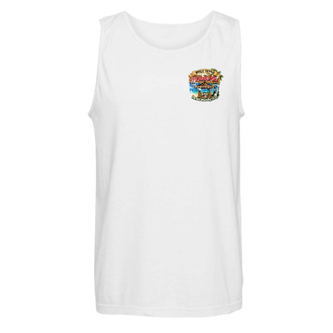 A white sleeveless tank top with a small multicolor graphic print on the left chest, displayed against a plain white background.