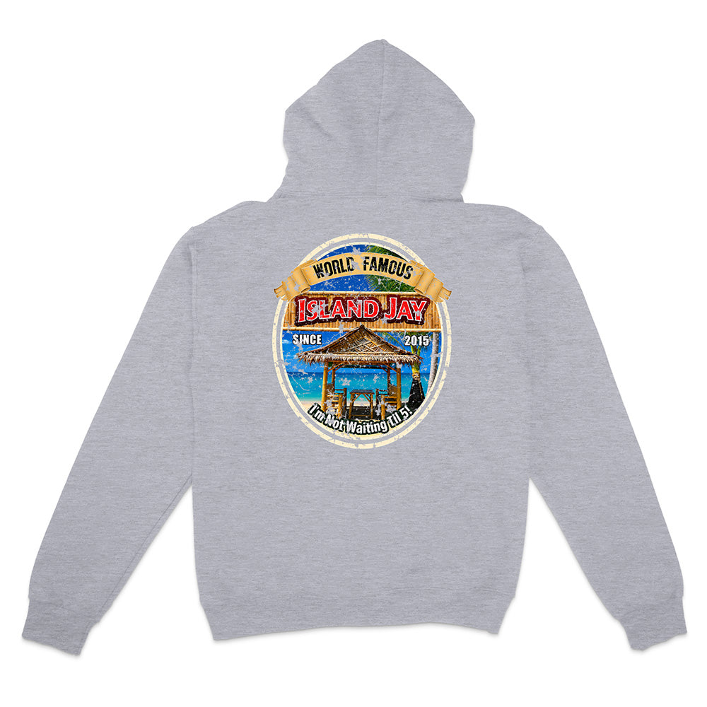 A heather gray pullover hoodie shown from the back, featuring a large circular graphic print on the center back with a beach scene, a thatched-roof structure, and the words 'World Famous Island Jay' and 'Since 2015'.