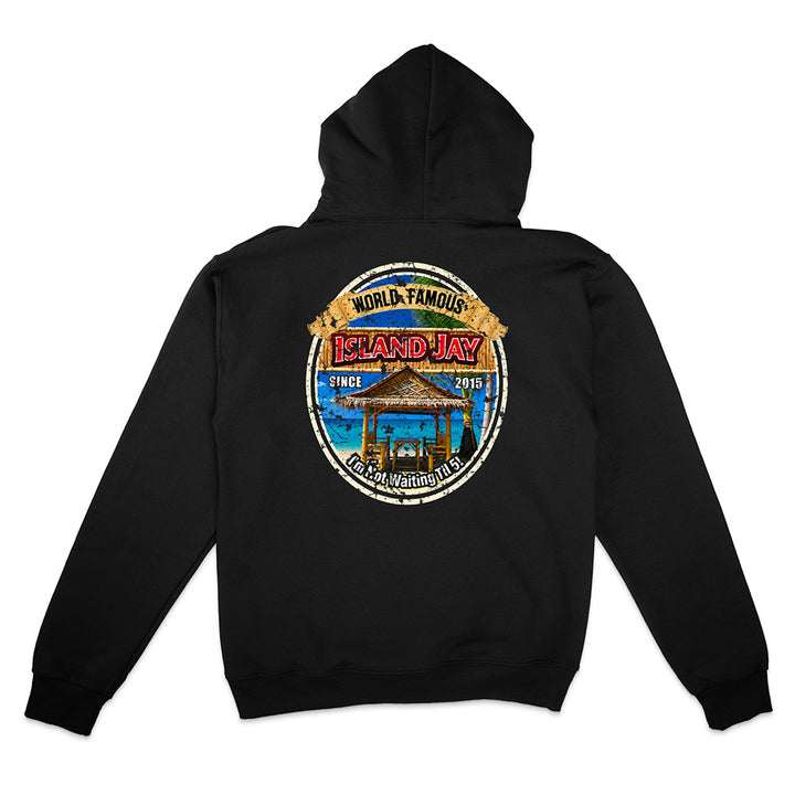 A black pullover hoodie shown from the back, featuring a large circular graphic print on the center back with a beach scene and the words 'World Famous Island Jay'