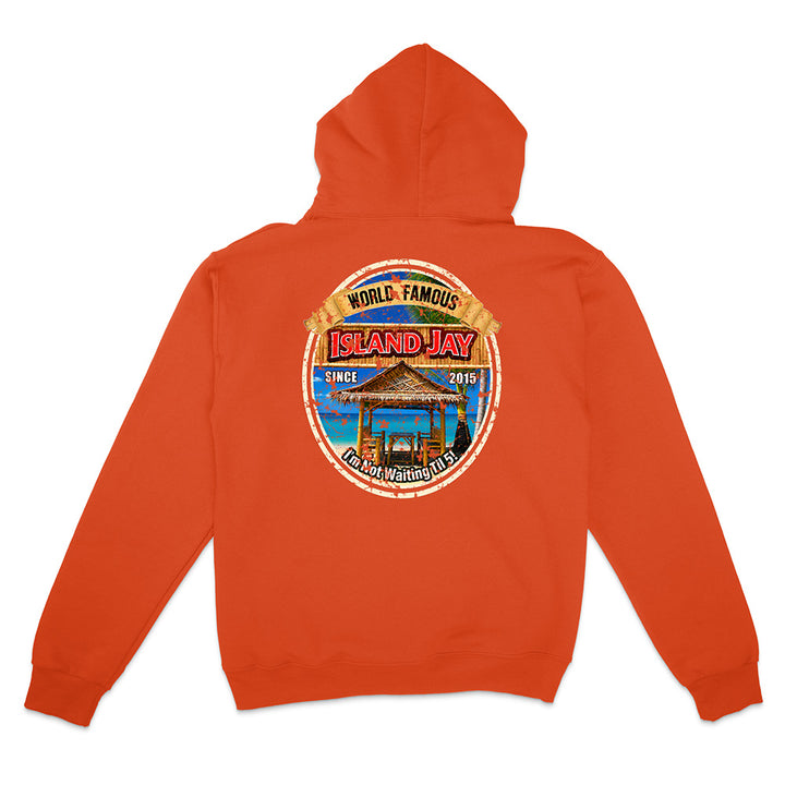An orange pullover hoodie shown from the back, featuring a large circular graphic print on the center back with a beach scene and the text 'World Famous Island Jay' and 'Palm Jetty Wharf 2015'.