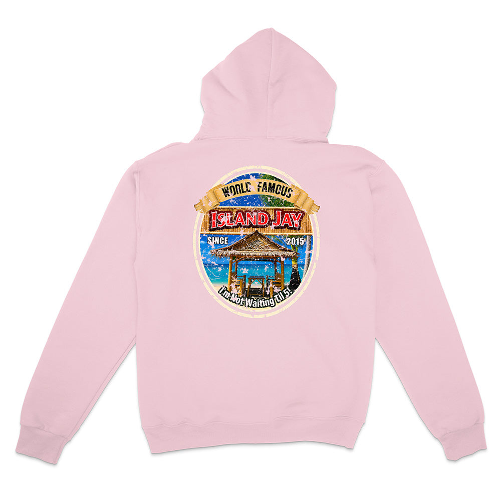 A light pink pullover hoodie shown from the back, featuring a large circular graphic print on the center back with a beach scene and the words 'World Famous Island Jay' and 'Palm Beach Florida'.