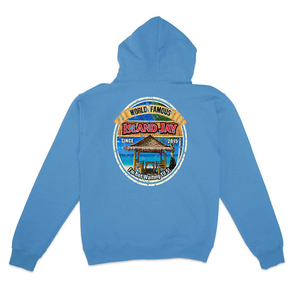 A light blue hoodie shown from the back, featuring a large circular graphic print with a beach scene and the words 'World Famous Island Jay' and 'Palm Beach, FL'.