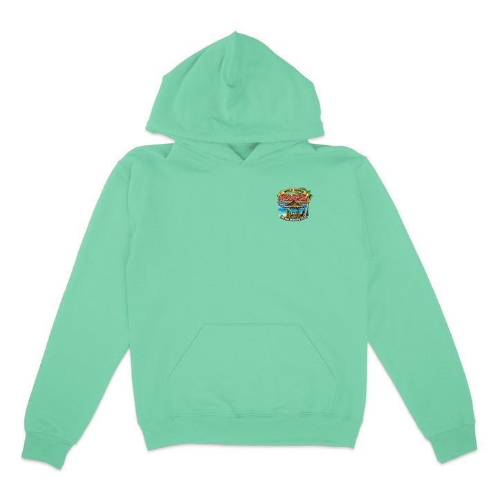 A mint green pullover hoodie with a small colorful graphic on the left chest, displayed flat against a plain white background.