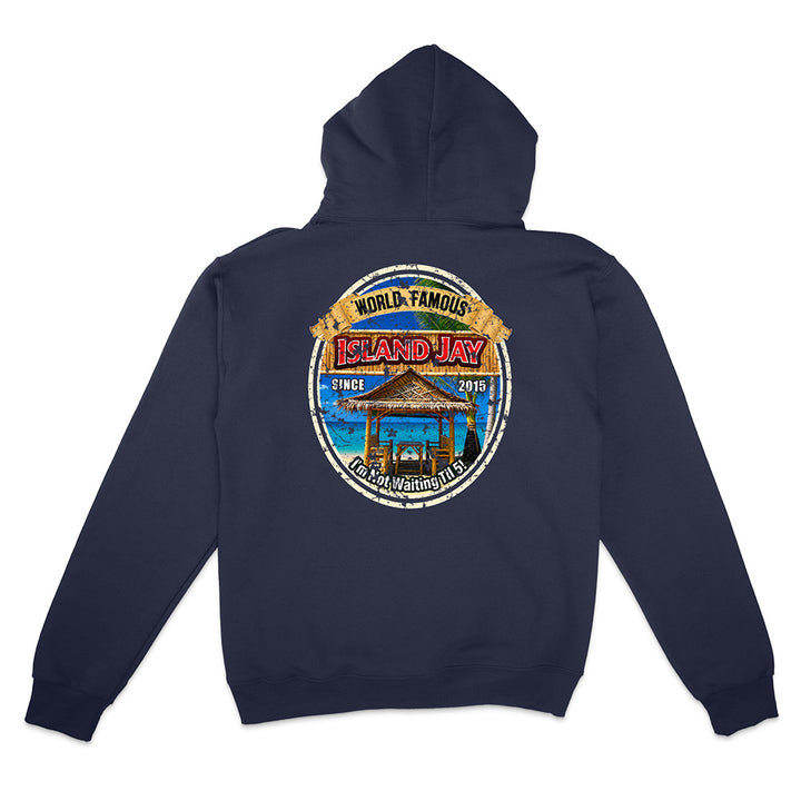 A navy blue pullover hoodie shown from the back, featuring a large circular graphic print on the center back with a beach scene and the words 'World Famous Island Jay' and 'Palm Springs, Utah'.