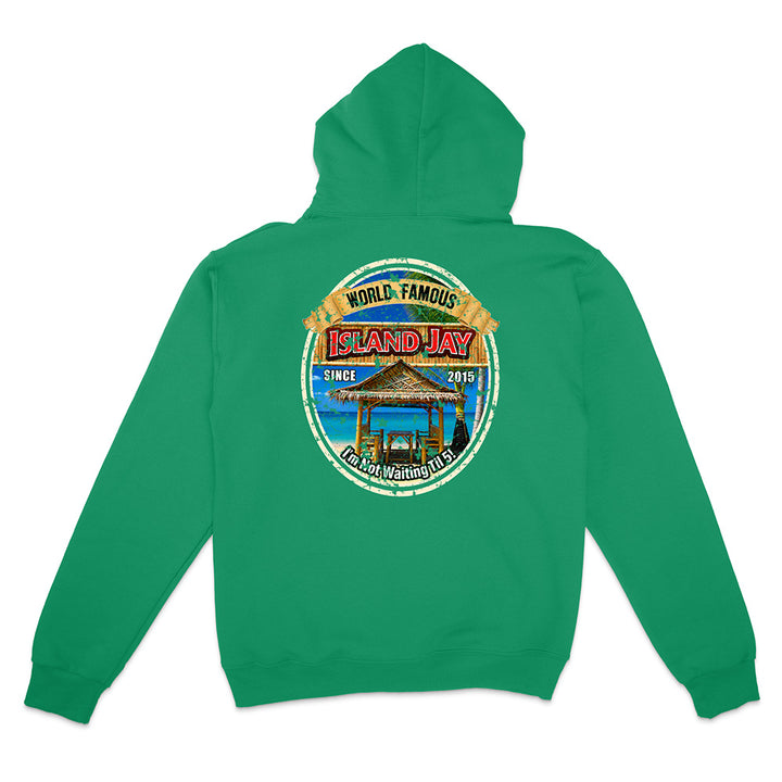 A green pullover hoodie shown from the back, featuring a large circular graphic print on the center back with the words 'World Famous Island Jay' and a tropical pavilion illustration.