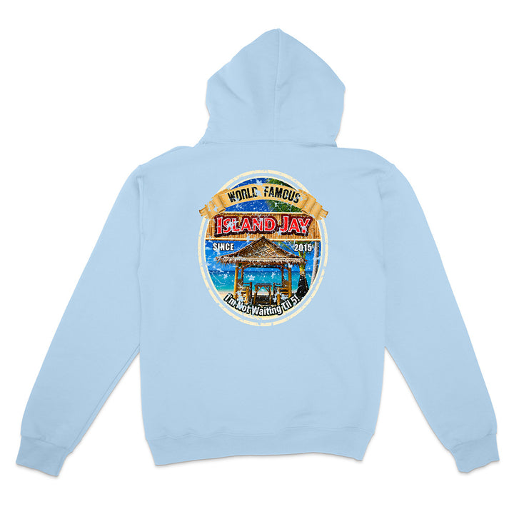 A light blue pullover hoodie shown from the back, featuring a large circular graphic print on the center back with a tropical island scene and the text 'World Famous Island Jay' and 'Palm Beach, FL'.