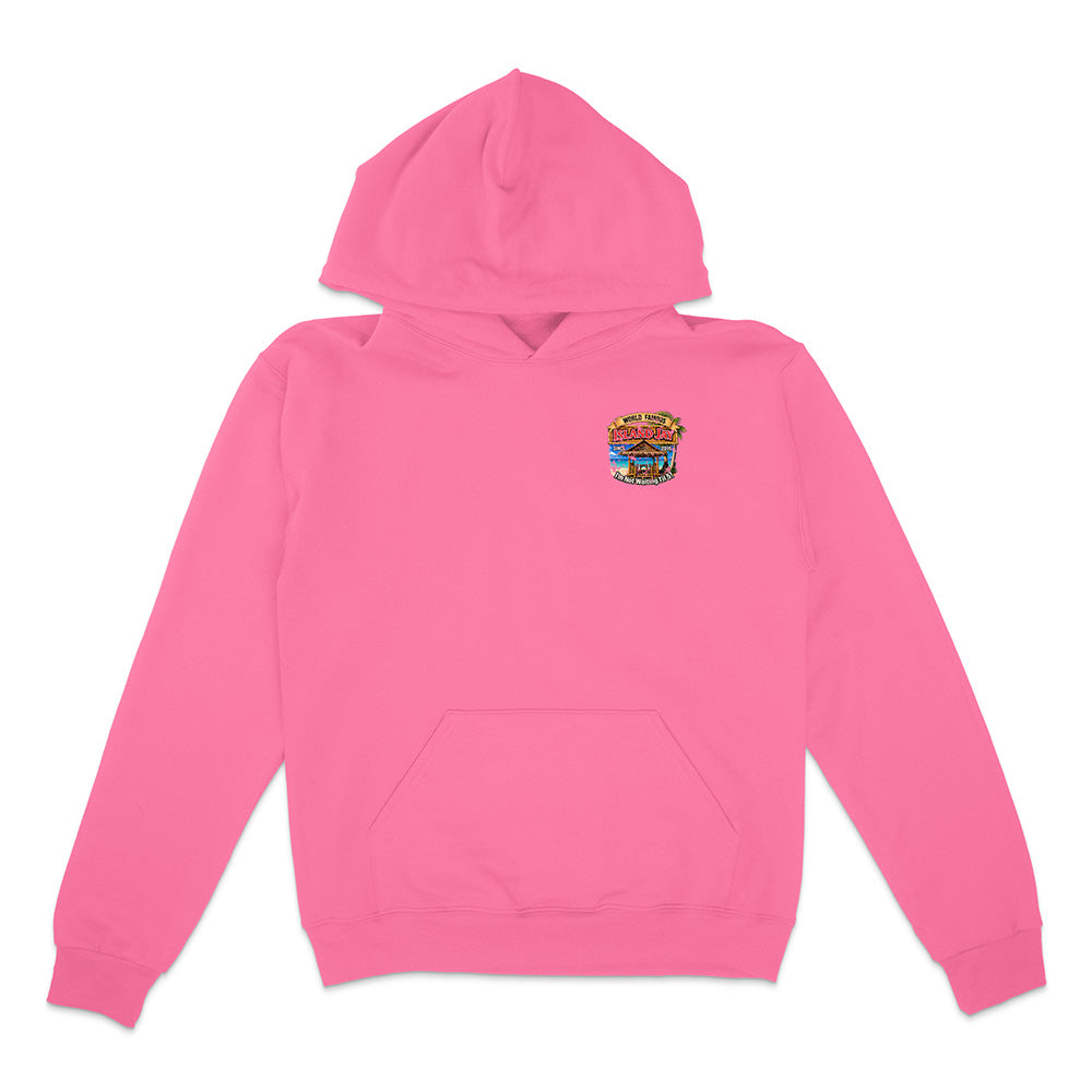 A bright pink pullover hoodie with a small multicolor graphic on the left chest, displayed on a clean white background.