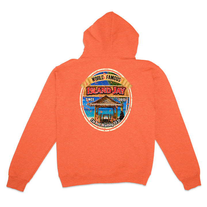 An orange heathered hoodie shown from the back, featuring a large circular graphic print on the center back with a beach scene and the text 'ISLAND JAY' and 'WORLD FAMOUS'.
