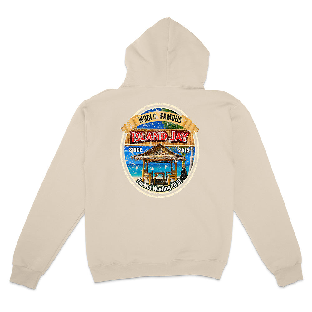 A light beige hooded sweatshirt shown from the back, featuring a large circular graphic print on the center back with a beach scene and the text 'World Famous Island Jay' and 'Since 2019'.