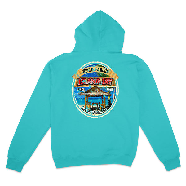 A turquoise blue hoodie shown from the back, featuring a large circular graphic print on the center back with the words 'World Famous Island Jay' and a tropical pavilion illustration.