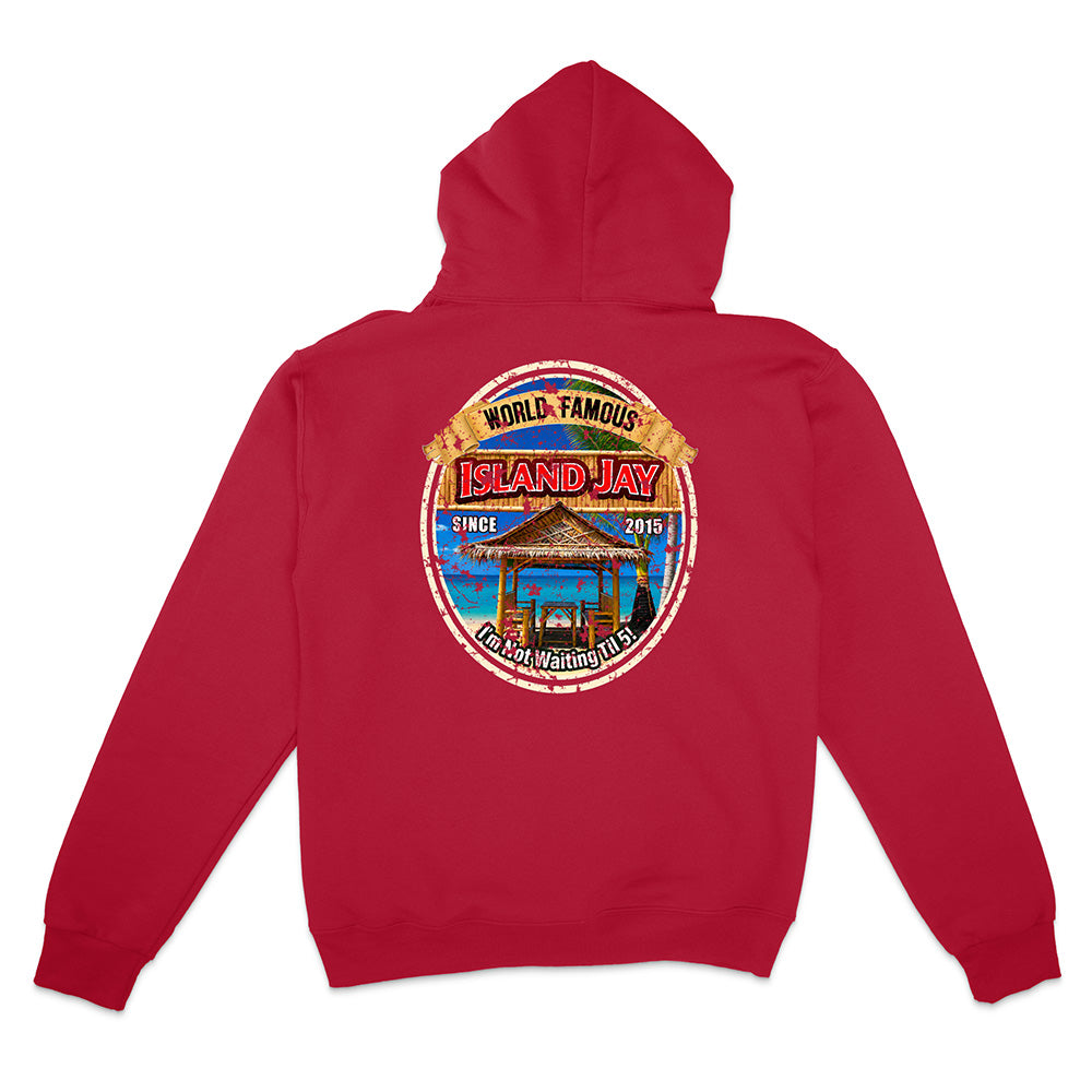 A red pullover hoodie shown from the back, featuring a large circular graphic print on the center back with a tiki drink and the text 'ISLAND JAY' and 'WORLD FAMOUS'.