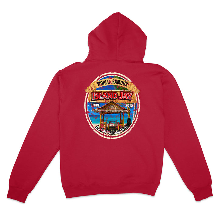 A red pullover hoodie shown from the back, featuring a large circular graphic print on the center back with a tiki drink and the text 'ISLAND JAY' and 'WORLD FAMOUS'.