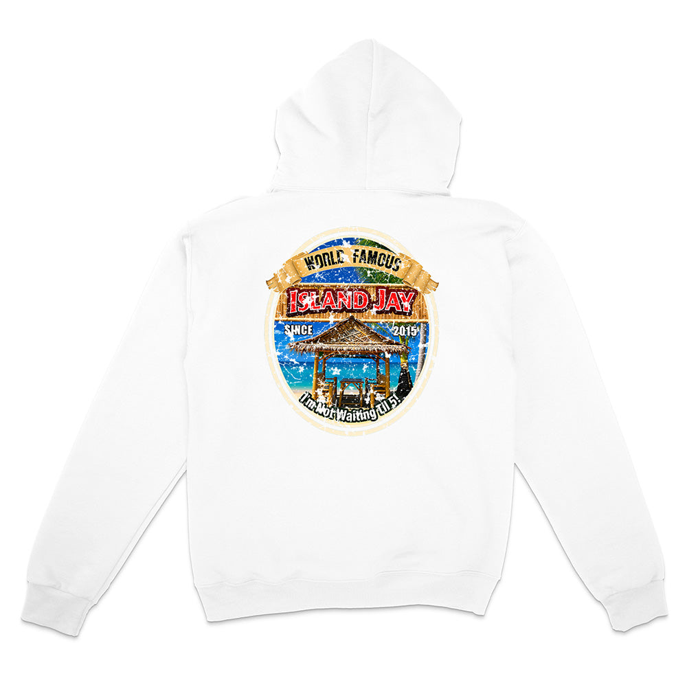 A white pullover hoodie shown from the back, featuring a large circular graphic print on the center back with a beach scene and the text 'World Famous Island Jay' and 'Palm Beach Florida'.
