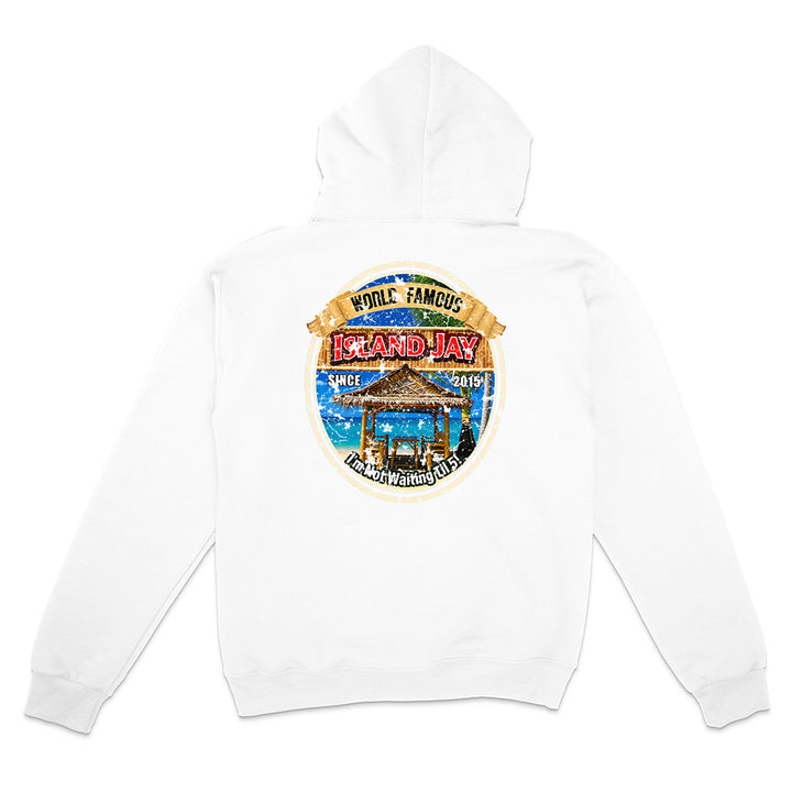 A white pullover hoodie shown from the back, featuring a large circular graphic print on the center back with a beach scene and the text 'World Famous Island Jay' and 'Palm Beach Florida'.