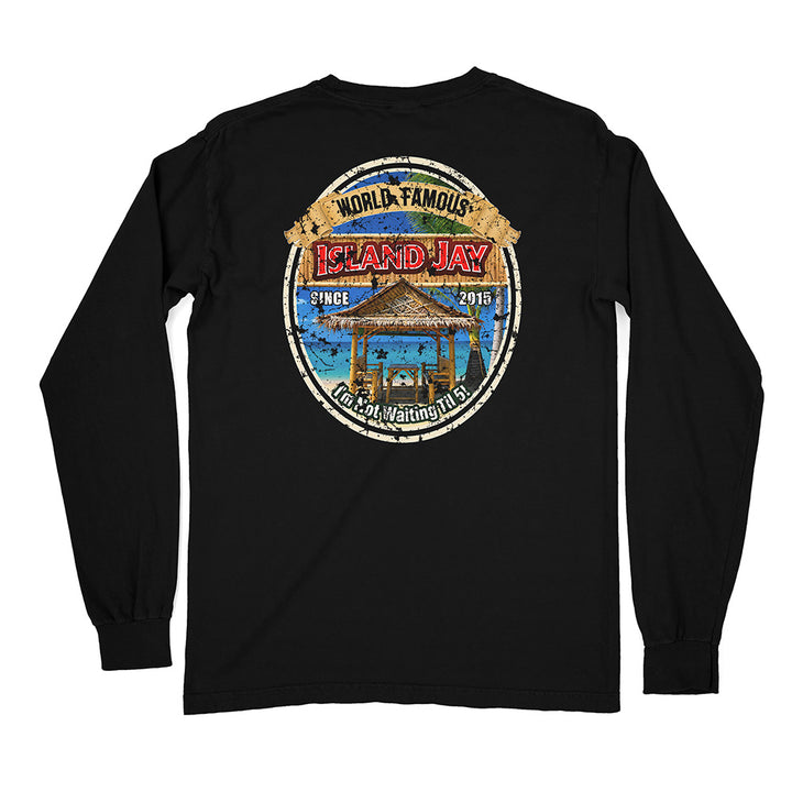 A black long-sleeve t-shirt with a large circular graphic on the back, featuring a tropical beach scene with a gazebo and the text 'WORLD-FAMOUS ICPL JAY' and 'SINCE 2015'.