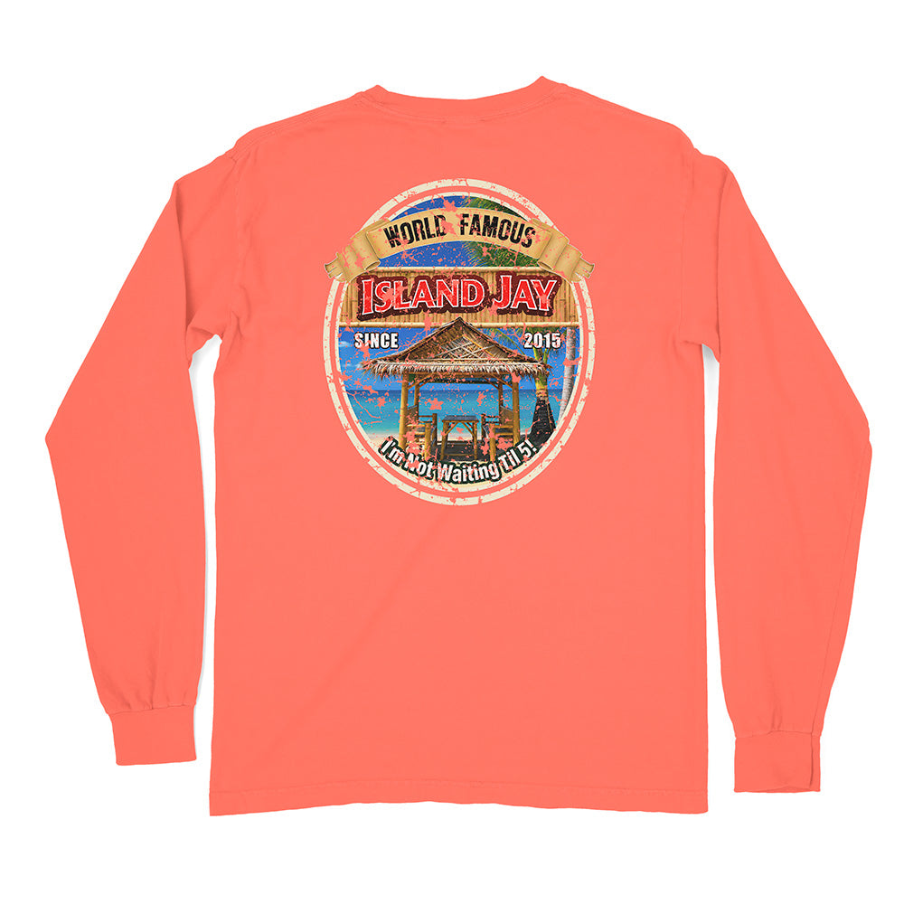 A coral pink long-sleeve t-shirt shown from the back, featuring a large circular graphic print on the center back with a beach scene and the text 'ISLAND JAY' and 'WORLD FAMOUS'.
