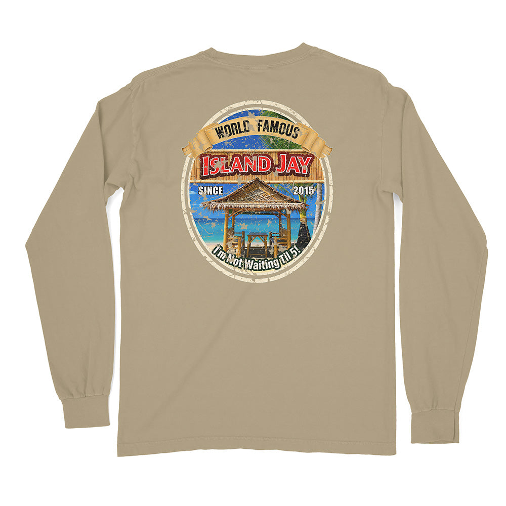 A tan long-sleeve t-shirt shown from the back, featuring a large circular graphic print on the center back with a beach cabana illustration and the text 'ISLAND JAY' and 'WORLD FAMOUS'.