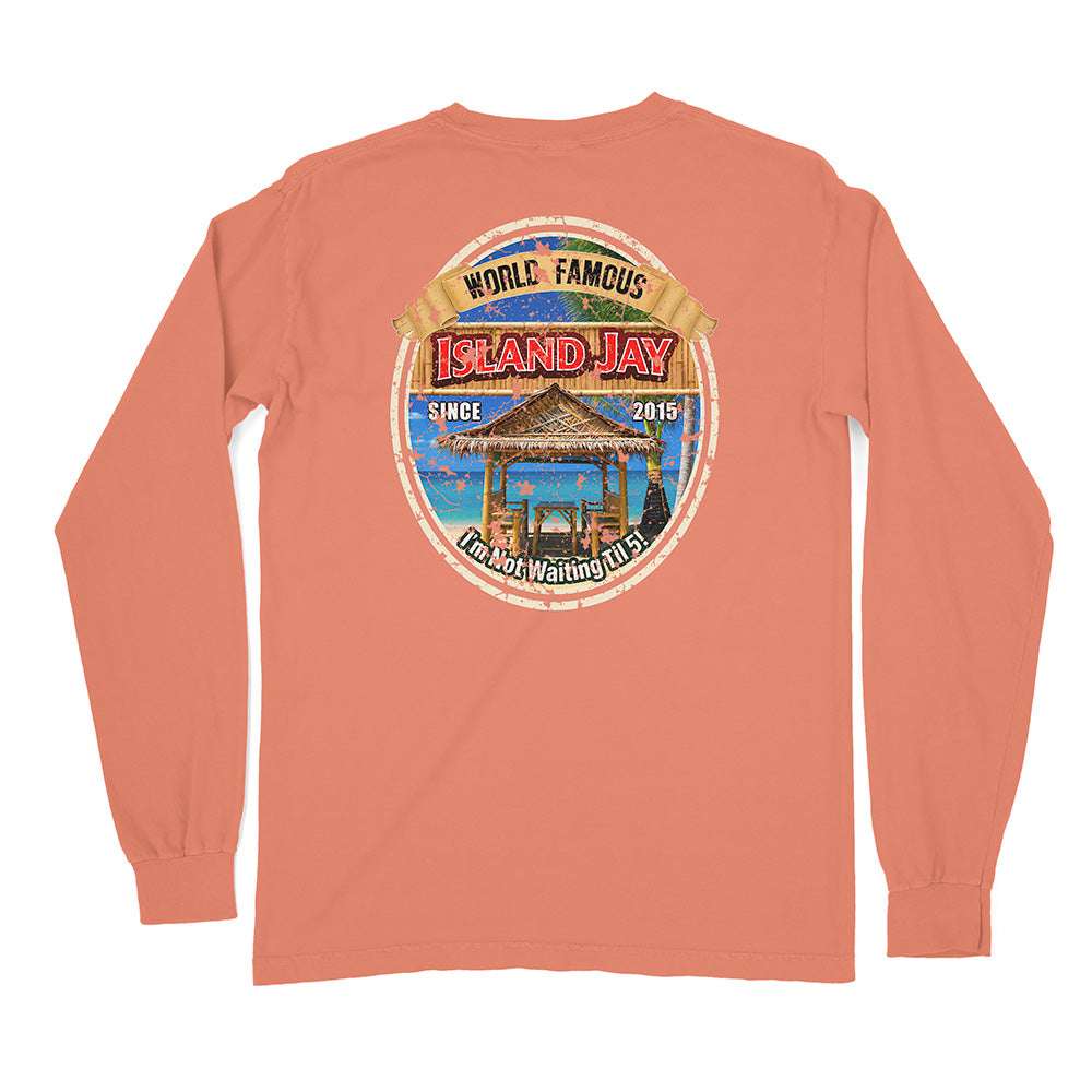 A peach-colored long-sleeve t-shirt shown from the back, featuring a large circular graphic print on the upper back with a beach scene and the text 'ISLAND JAY' and 'WORLD FAMOUS'.