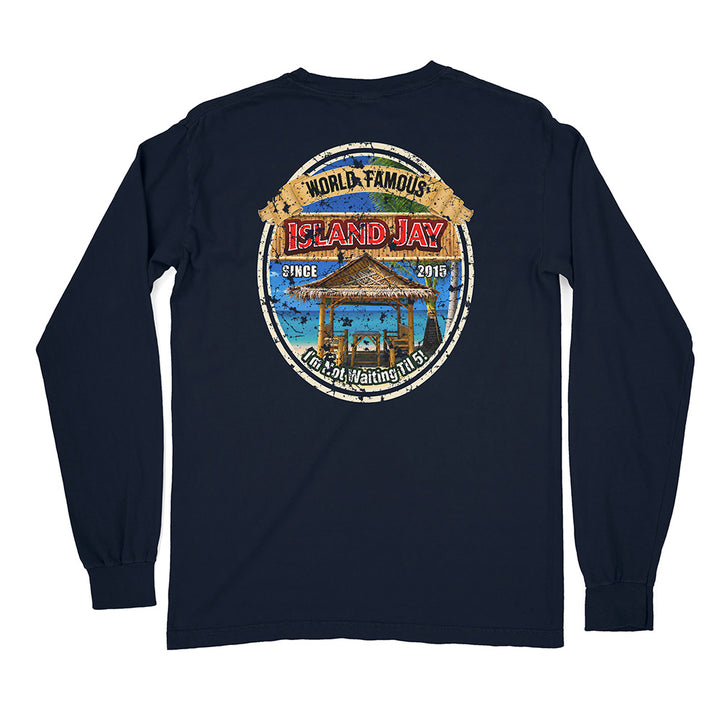 A navy blue long-sleeve t-shirt shown from the back, featuring a large circular graphic print on the center back with a tropical island scene and the text 'WORLD-FAMOUS ISLAND JAY' and 'GAM-WAVERING TIES'.