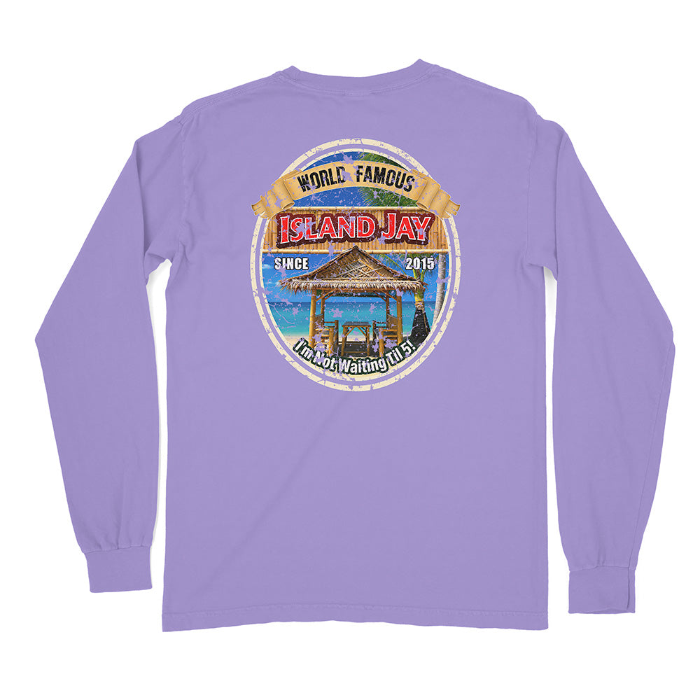 A light purple long-sleeve t-shirt shown from the back, featuring a large circular graphic print on the center back with a beach cabana and the text 'World Famous Island Jay' and 'I'm Not Waiting For You'.