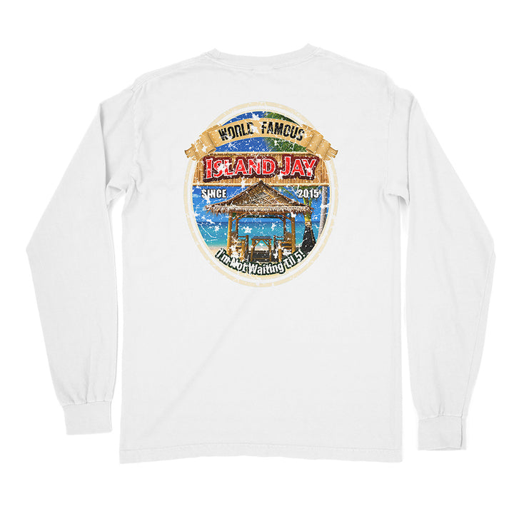 White long-sleeve t-shirt with a large circular graphic on the back featuring a beach scene and the text 'World Famous Island Jay'.