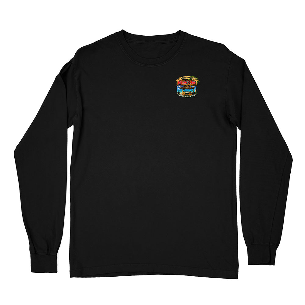 A black long-sleeve crewneck t-shirt with a small multicolor circular graphic printed on the left chest, displayed on a solid white background.