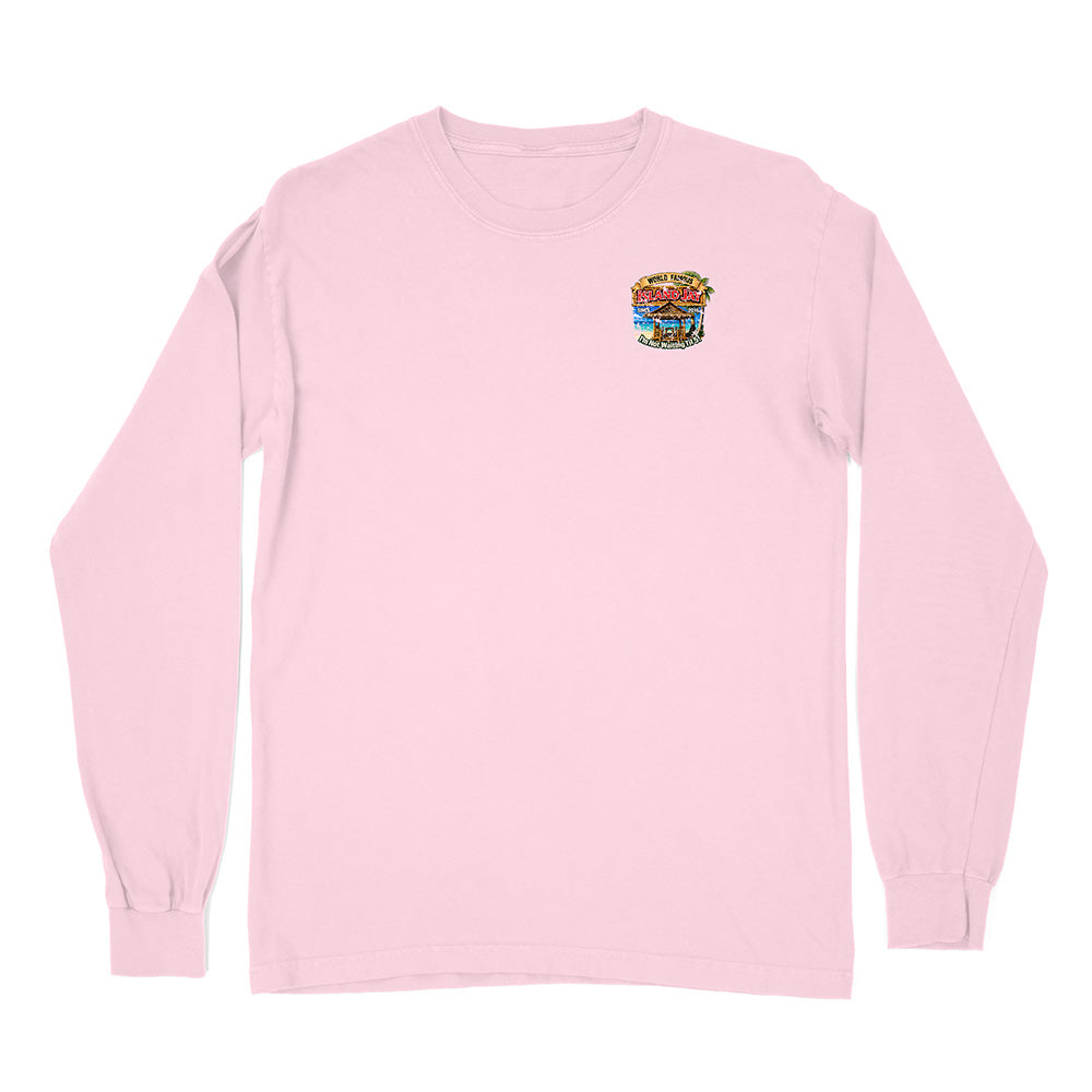 A light pink long-sleeve t-shirt with a small colorful graphic on the left chest, displayed flat against a solid white background.